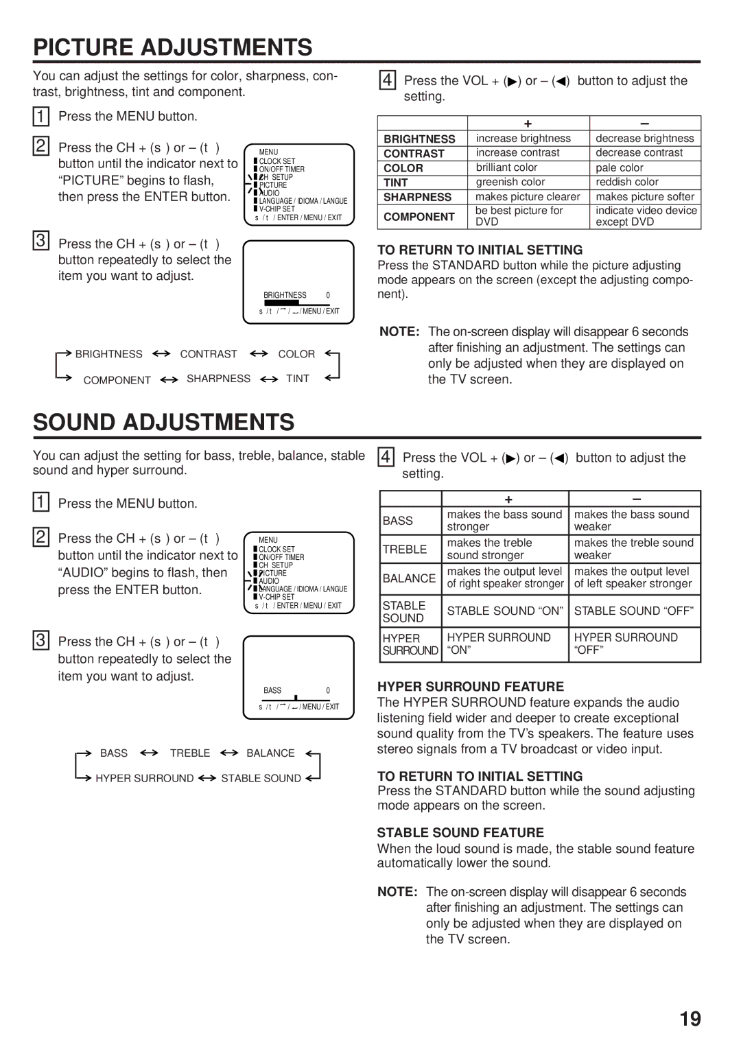 JVC AV 14F704, AV-24F704, AV 20F704 manual Picture Adjustments, Sound Adjustments 