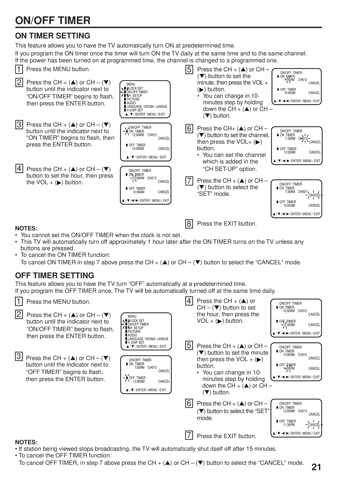 JVC AV-24F704, AV 14F704, AV 20F704 manual ON/OFF Timer, On Timer Setting, OFF Timer Setting 