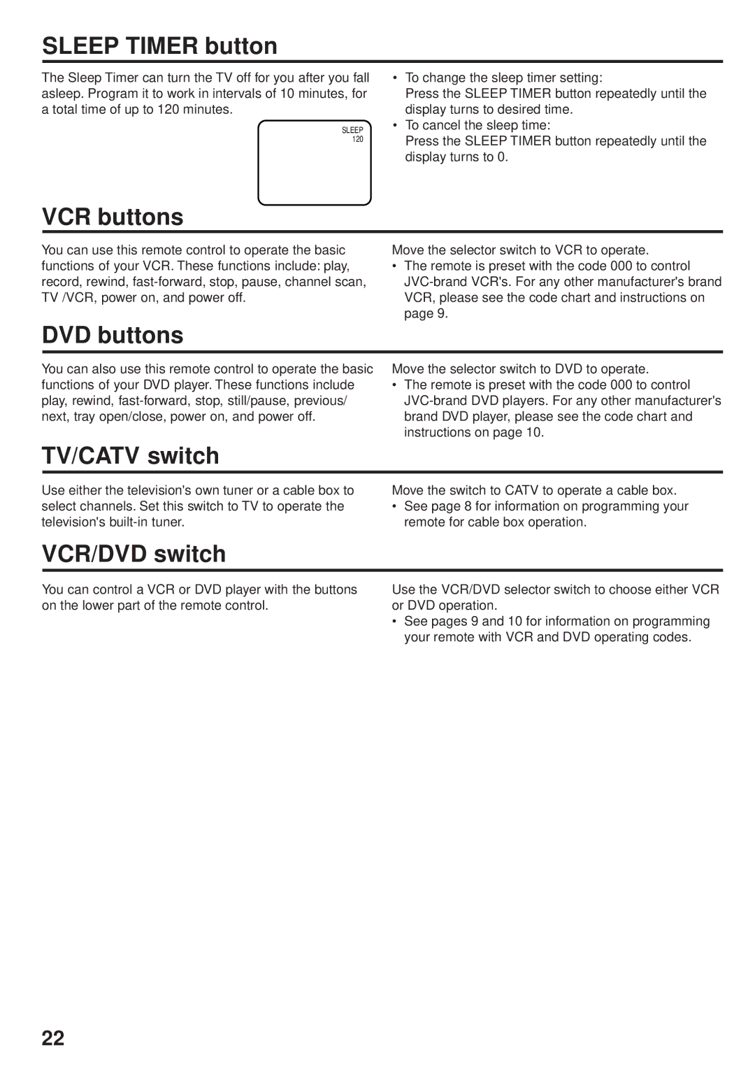 JVC AV 14F704, AV-24F704, AV 20F704 manual Sleep Timer button 