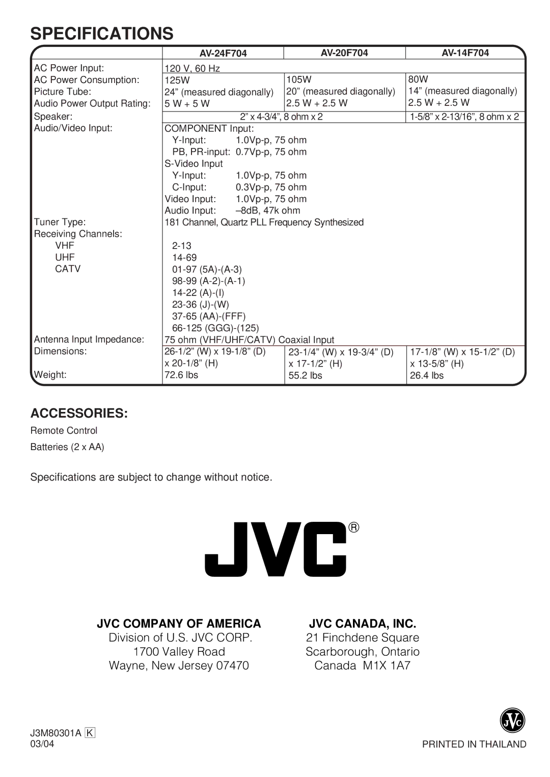 JVC AV 14F704, AV 20F704 manual Specifications, Accessories, AV-24F704 AV-20F704 AV-14F704 