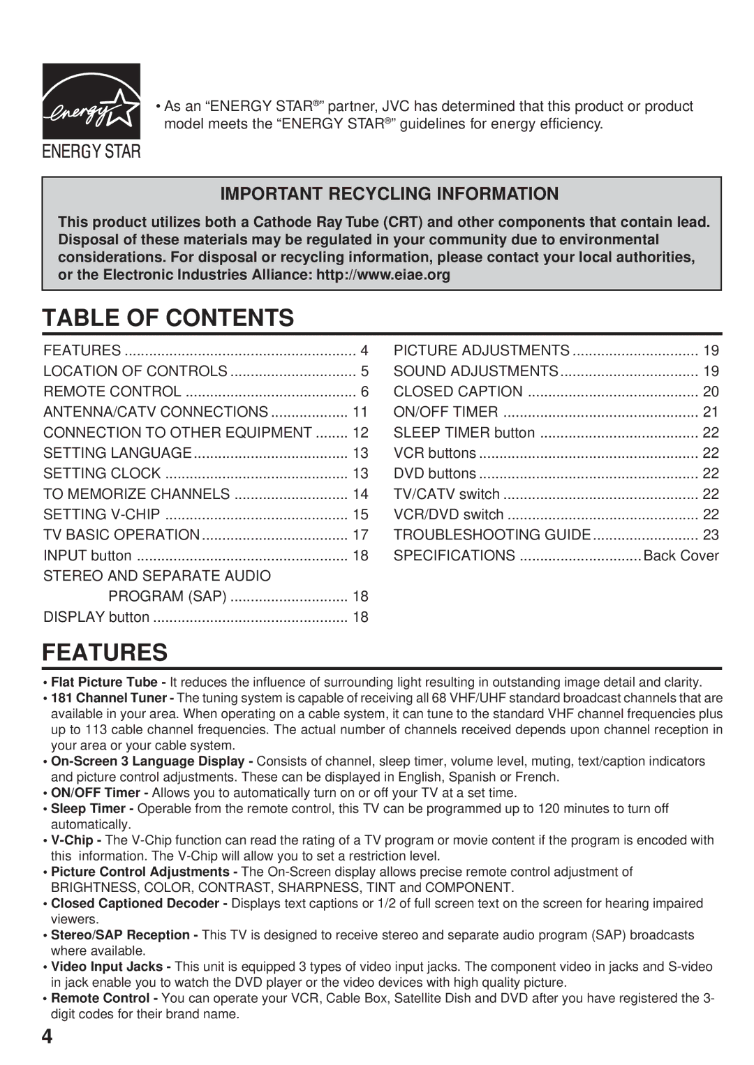 JVC AV 14F704, AV-24F704, AV 20F704 manual Table of Contents, Features 