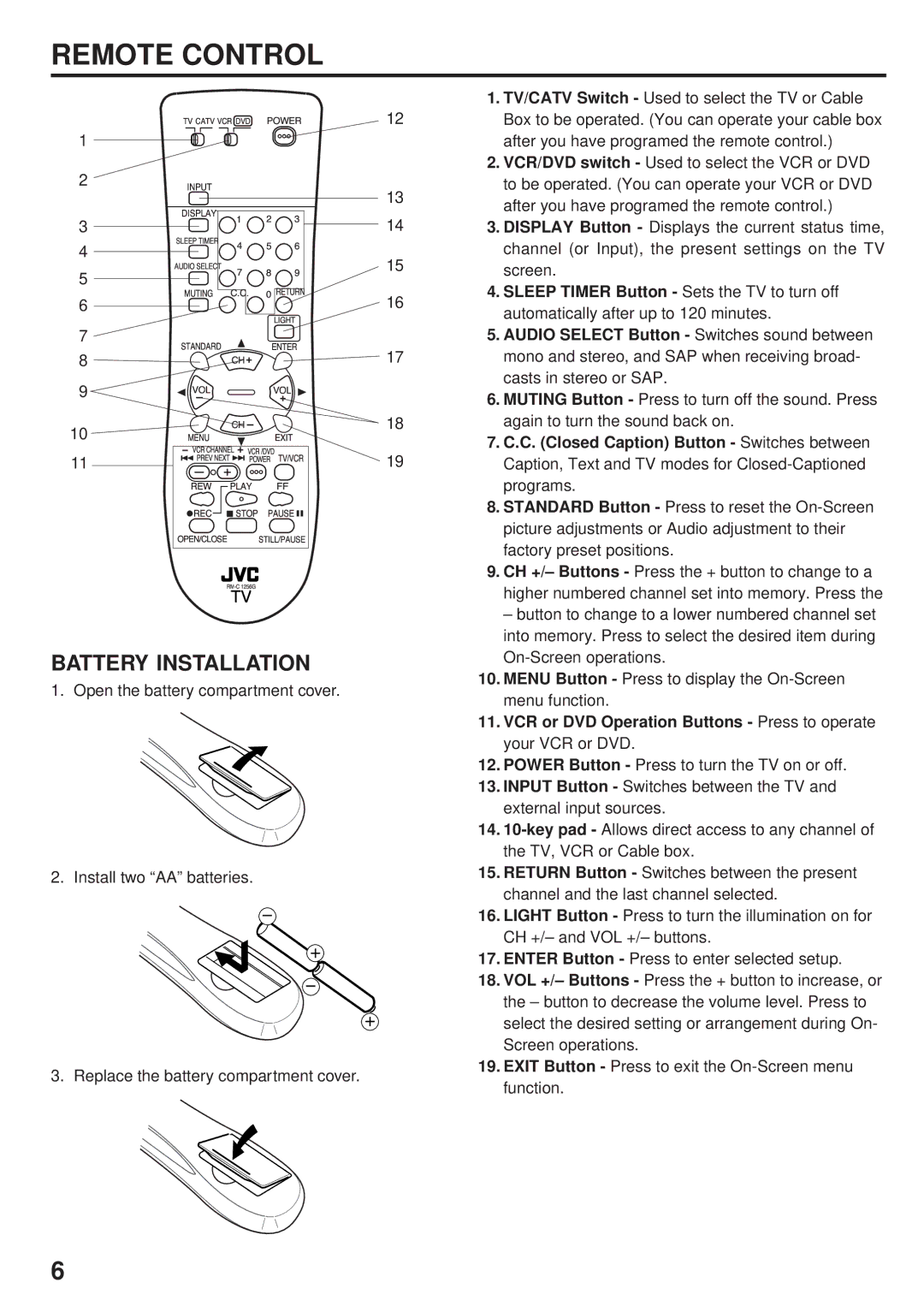 JVC AV-24F704, AV 14F704, AV 20F704 manual Remote Control, Battery Installation 