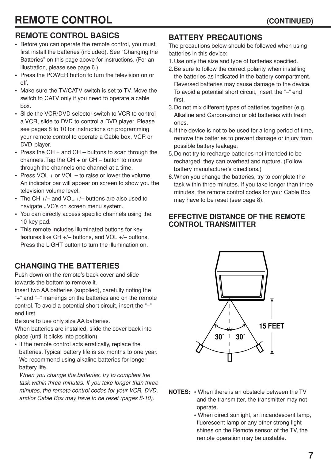 JVC AV 14F704, AV-24F704, AV 20F704 manual Remote Control Basics, Battery Precautions, Changing the Batteries 