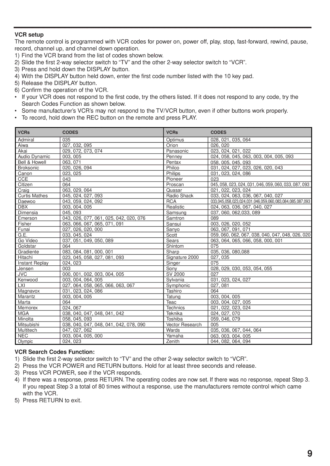 JVC AV-24F704, AV 14F704, AV 20F704 manual VCR setup, VCR Search Codes Function 