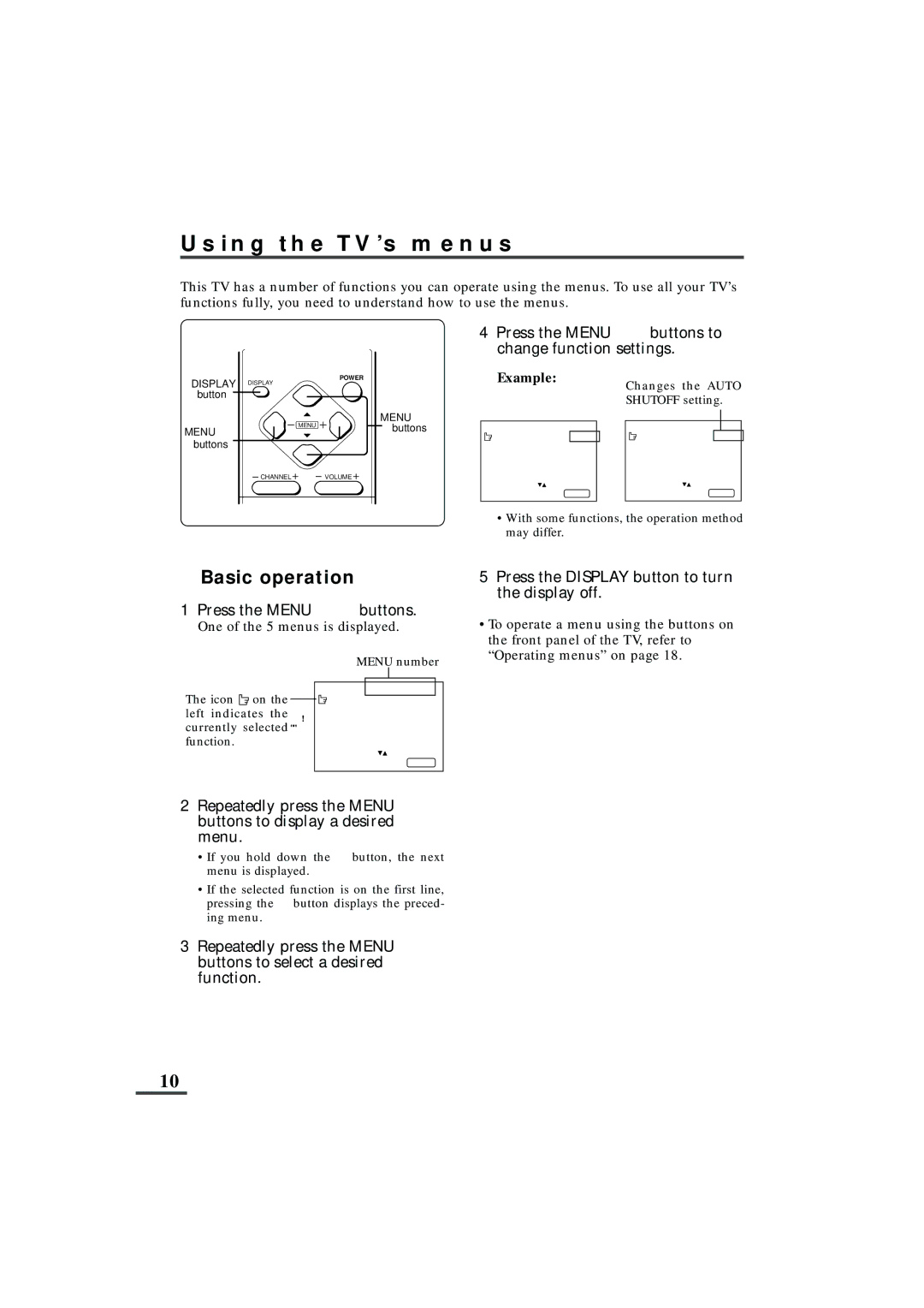 JVC AV-25L91, AV-29L91, AV-21L91 Using the TV’s menus, Basic operation, Press the Menu Mbuttons to change function settings 