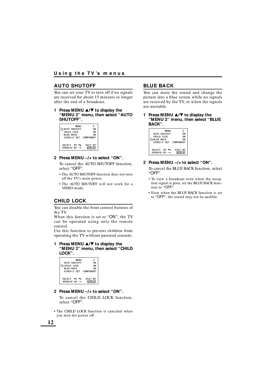 JVC AV-21L91, AV-25L91, AV-29L91 Auto Shutoff, Blue Back, Press Menu Tto display Menu 2 menu, then select Child Lock 