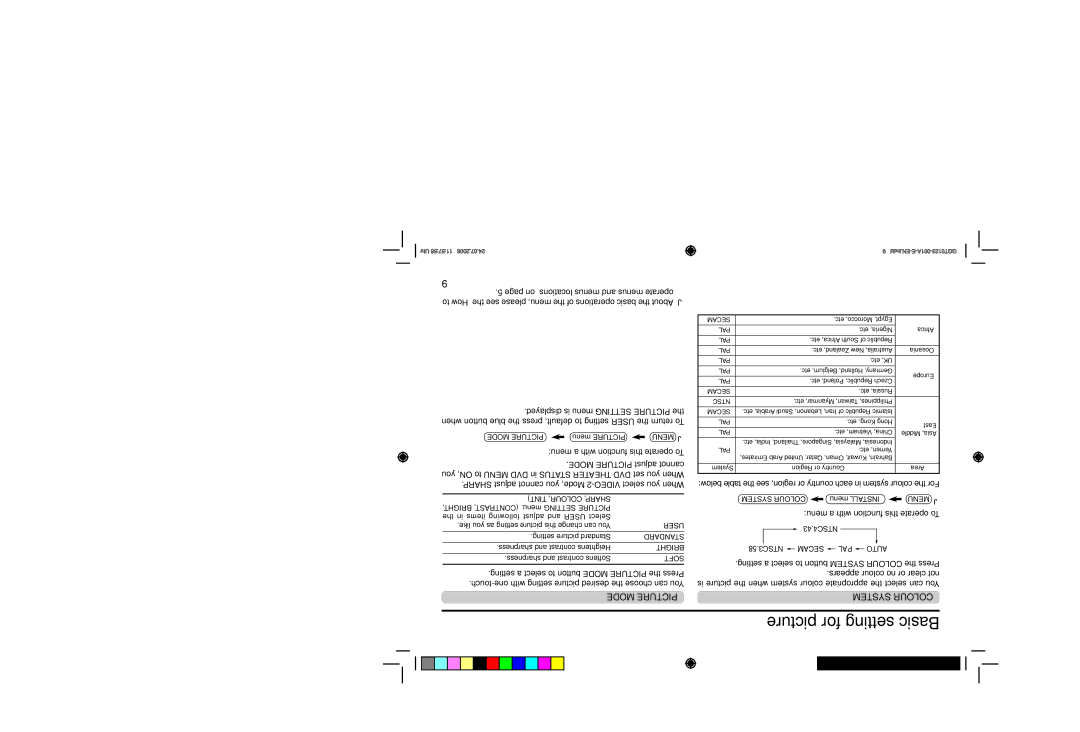 JVC AV-21MXP6/V, AV-25MXP6/V, AV-29MXP6/V service manual Basic setting for picture, Colour System, Picture Mode 