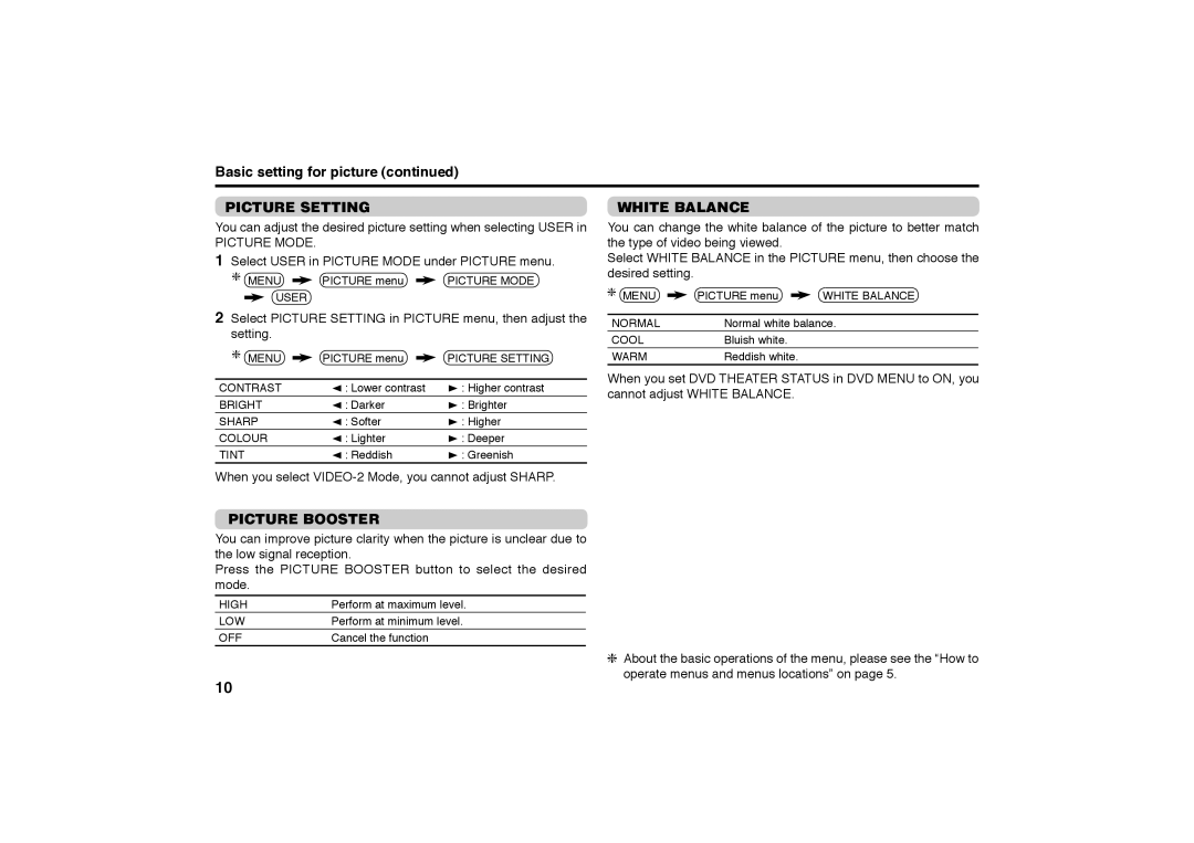 JVC AV-29MXP6/V, AV-25MXP6/V, AV-21MXP6/V service manual Picture Setting White Balance, Picture Booster 