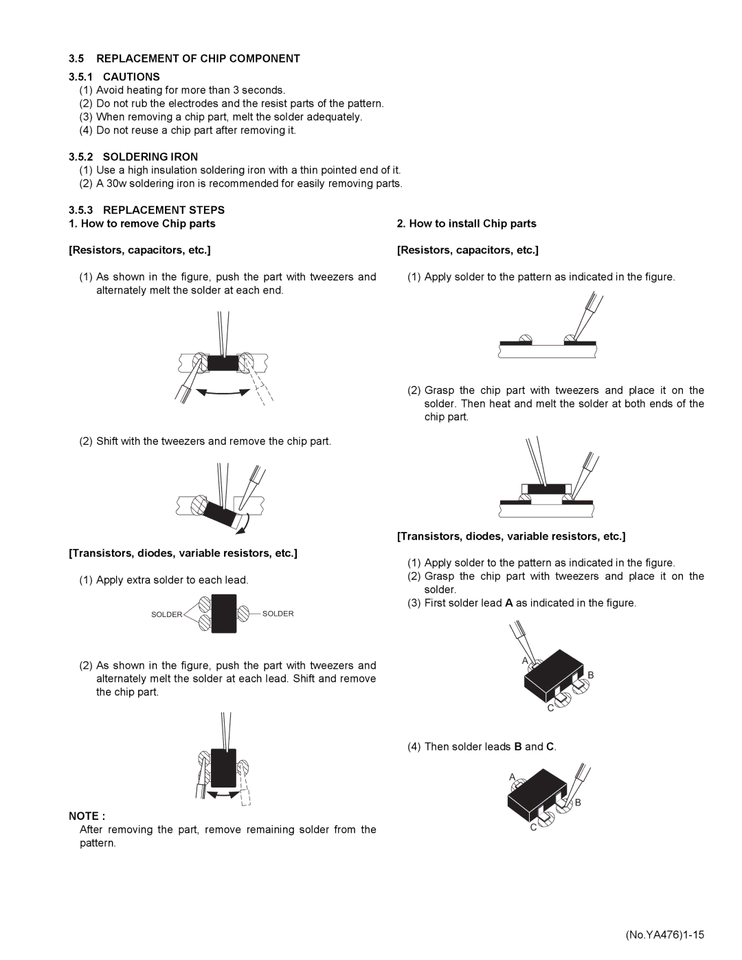 JVC AV-25MXP6/V Replacement of Chip Component, Soldering Iron, How to install Chip parts Resistors, capacitors, etc 