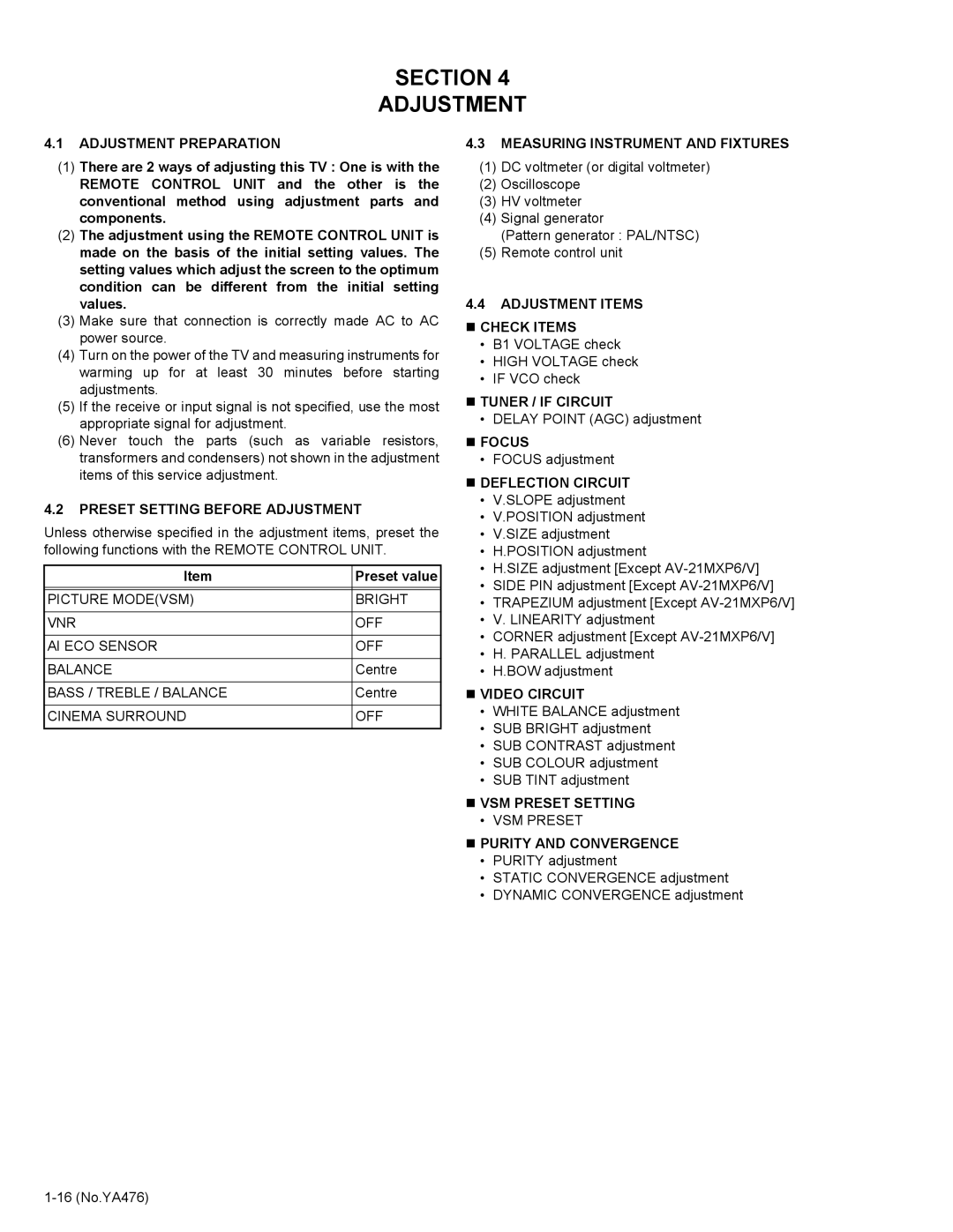 JVC AV-21MXP6/V Adjustment Preparation, Preset Setting Before Adjustment, Measuring Instrument and Fixtures, „ Focus 