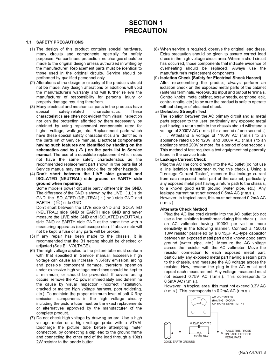 JVC AV-25MXP6/V, AV-21MXP6/V, AV-29MXP6/V Safety Precautions, Leakage Current Check, Alternate Check Method, No.YA4761-3 