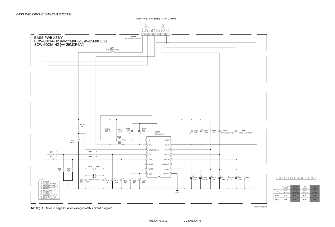 JVC AV-25MXP6/V, AV-21MXP6/V, AV-29MXP6/V service manual Bass PWB Circuit Diagram Sheet, No.YA4762-232-24No.YA476 