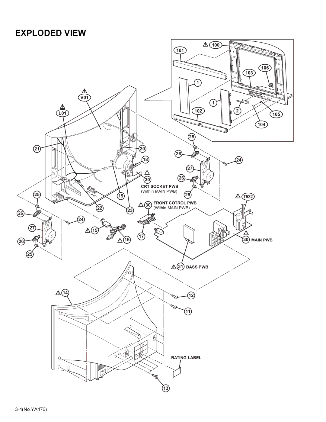 JVC AV-25MXP6/V, AV-21MXP6/V, AV-29MXP6/V service manual 100 V01 L01 101 102, 106 103 105 104 T522, 4No.YA476 