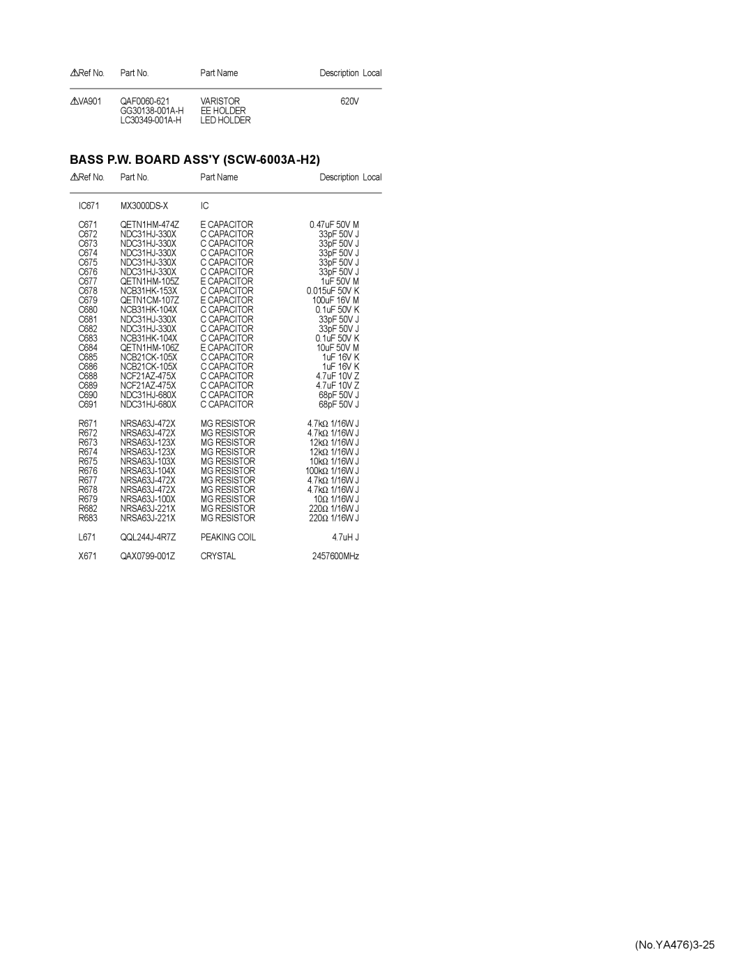 JVC AV-25MXP6/V, AV-21MXP6/V, AV-29MXP6/V service manual Bass P.W. Board Assy SCW-6003A-H2, No.YA4763-25 