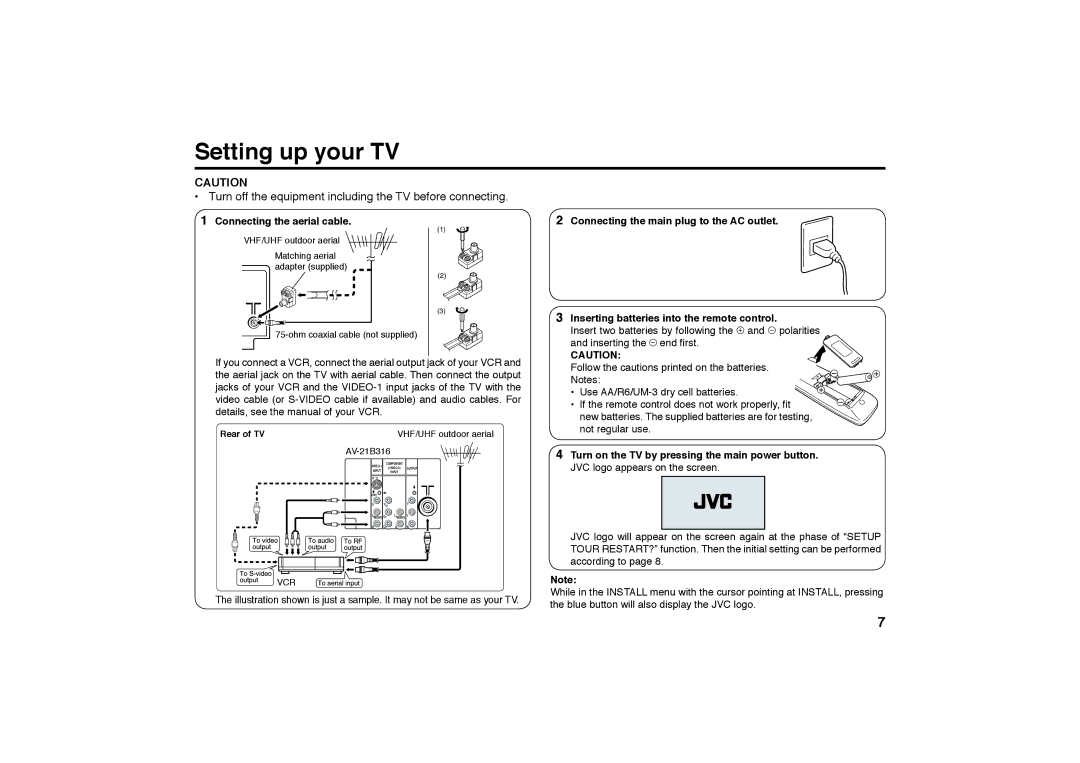 JVC AV-29MXP6/V, AV-25MXP6/V, AV-21MXP6/V Setting up your TV, Turn off the equipment including the TV before connecting 