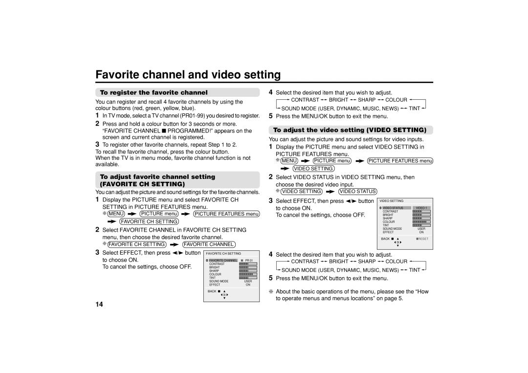 JVC AV-25V314 Favorite channel and video setting, To register the favorite channel, To adjust favorite channel setting 