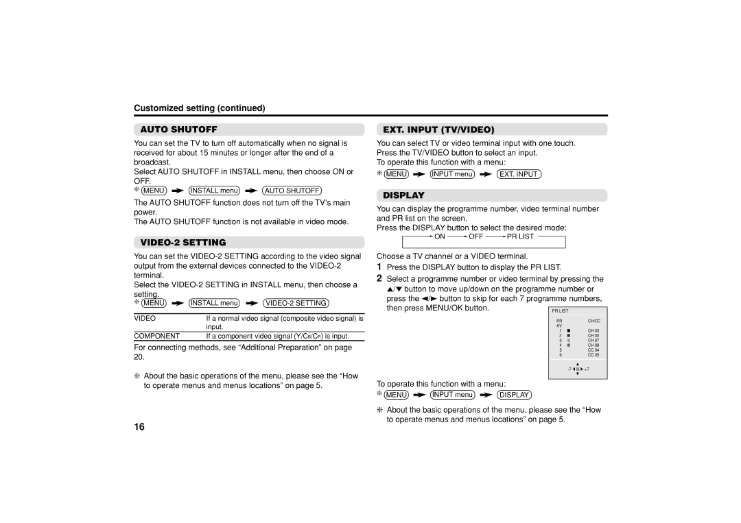 JVC AV-29J314, AV-25V514, AV-21V514 Customized setting, Auto Shutoff, EXT. Input TV/VIDEO, Display, VIDEO-2 Setting 