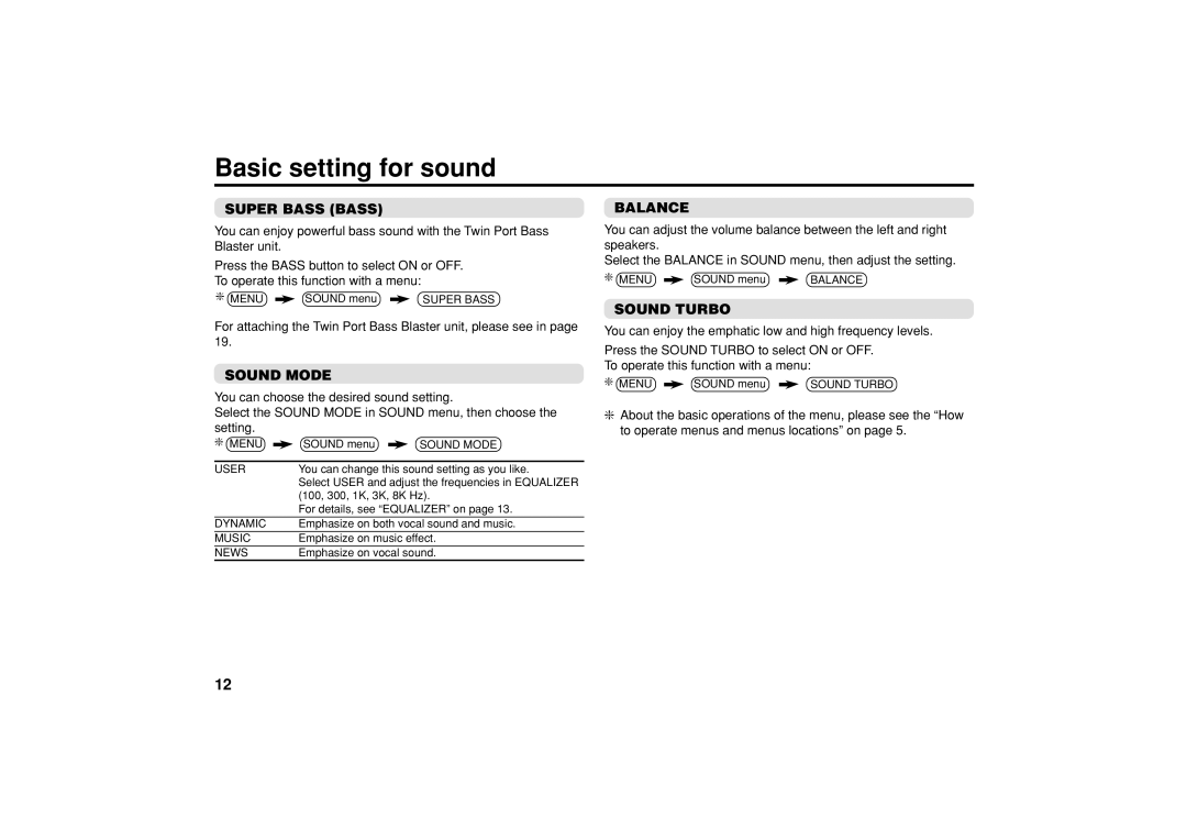 JVC AV-25VT15, AV-21VT35, AV-21VT15, AV-21YT15 Basic setting for sound, Super Bass Bass, Sound Mode, Balance, Sound Turbo 