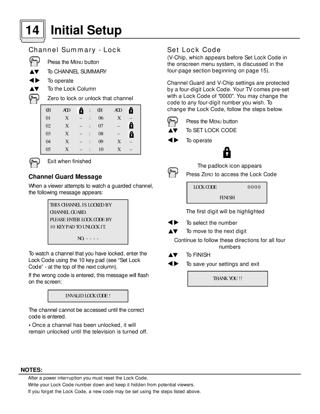 JVC AV-27115, C-13110 manual Channel Summary Lock, Set Lock Code, Channel Guard Message 