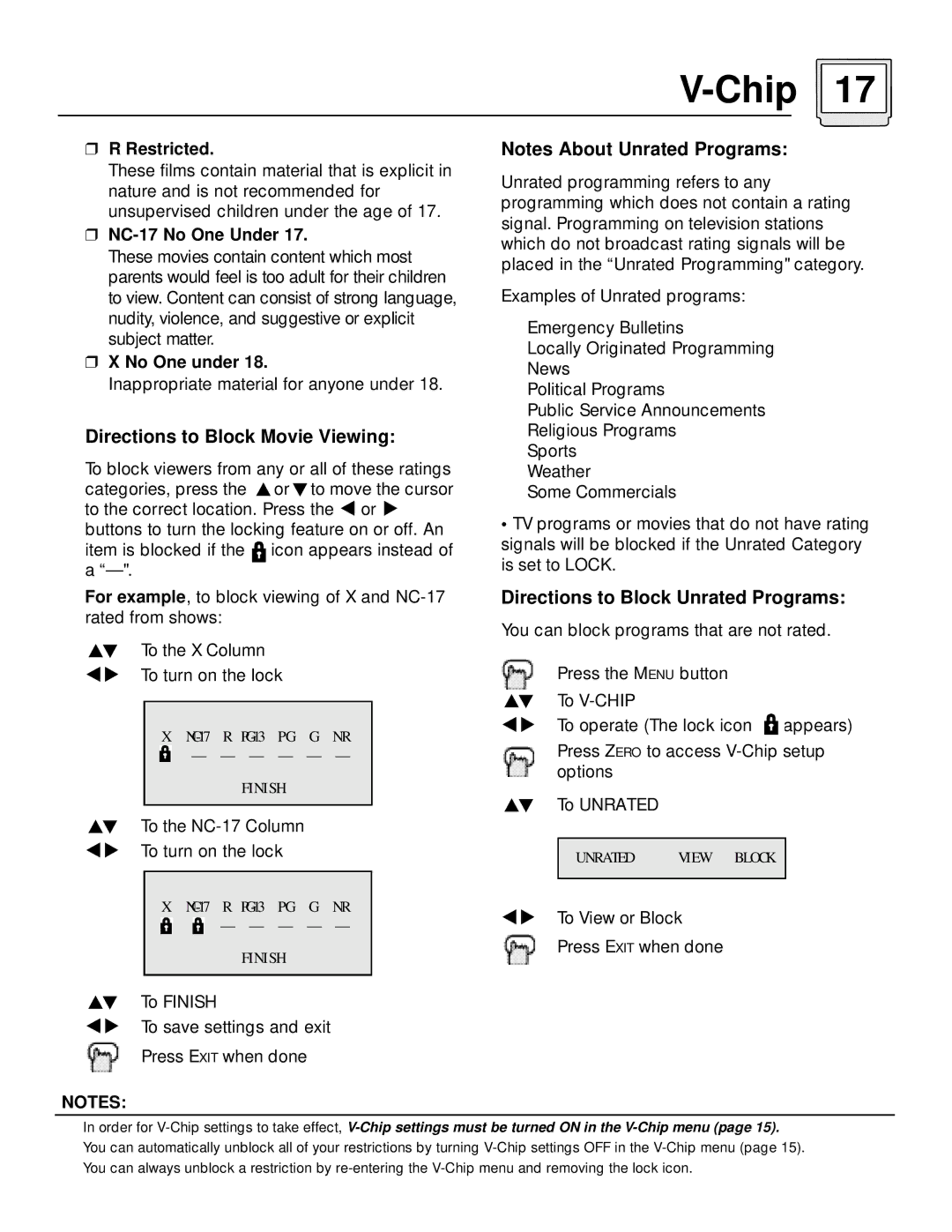 JVC C-13110, AV-27115 manual Directions to Block Movie Viewing, Directions to Block Unrated Programs 