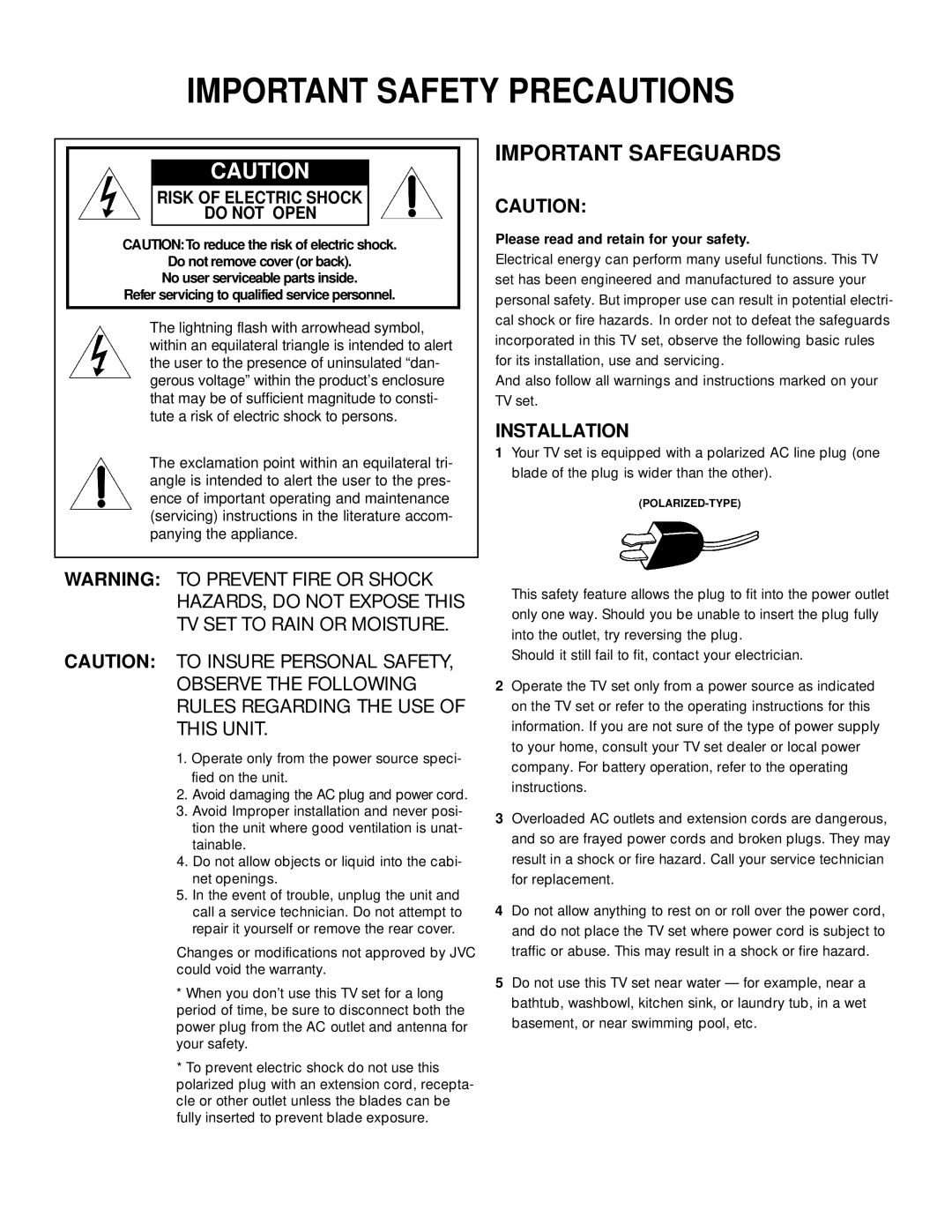 JVC AV-27115, C-13110 manual Important Safety Precautions 