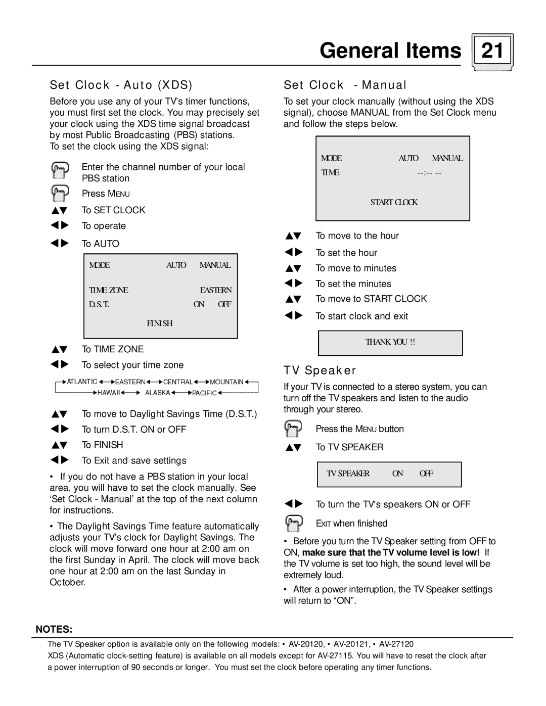 JVC C-13110, AV-27115 manual General Items, Set Clock Auto XDS, Set Clock Manual, TV Speaker 