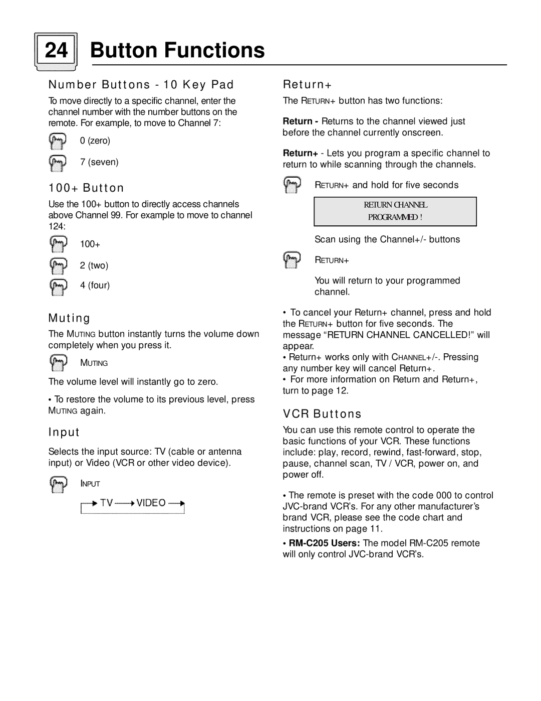 JVC AV-27115, C-13110 manual Number Buttons 10 Key Pad, 100+ Button, Muting, Input, Return+, VCR Buttons 