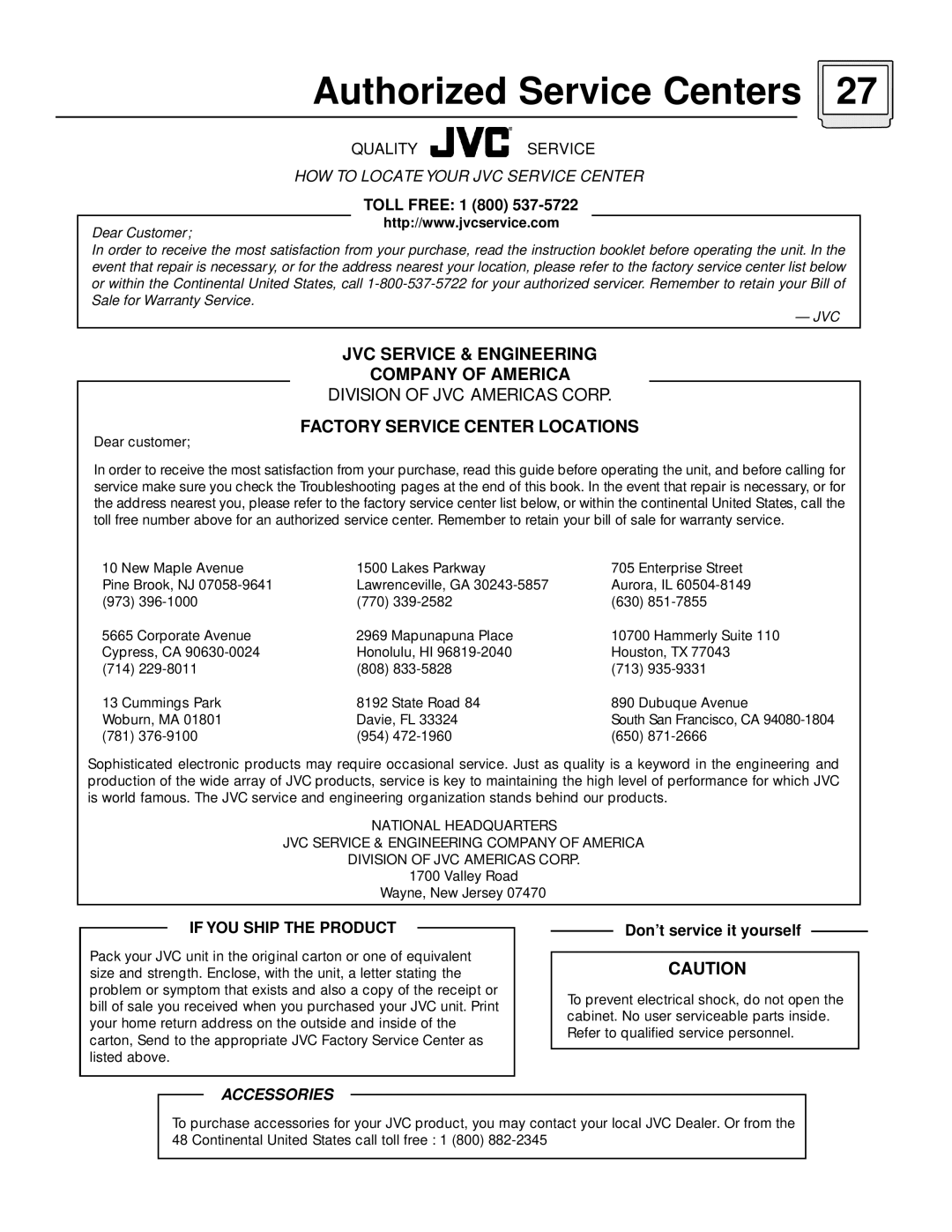 JVC C-13110, AV-27115 manual Authorized Service Centers, Toll Free 1 800 