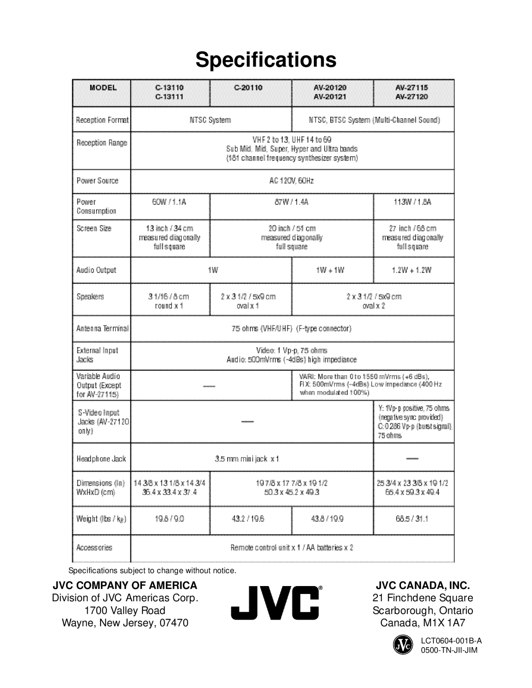 JVC AV-27115, C-13110 manual Specifications, JVC Company of America 