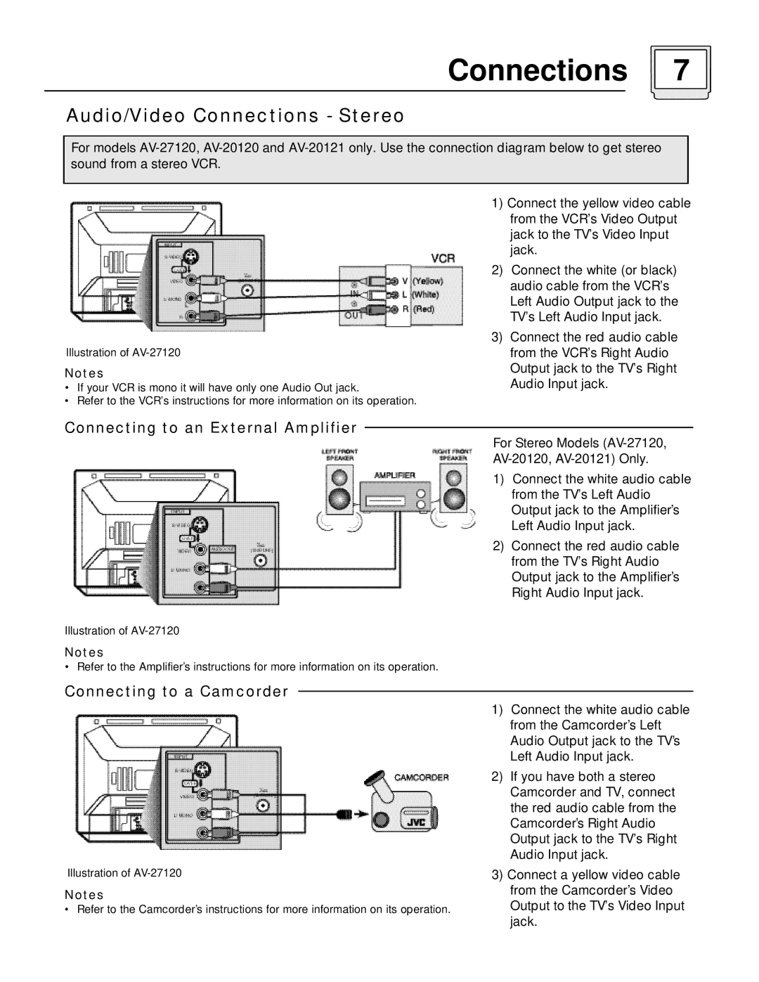 JVC C-13110, AV-27115 manual Audio/Video Connections Stereo, For Stereo Models AV-27120 AV-20120, AV-20121 Only 