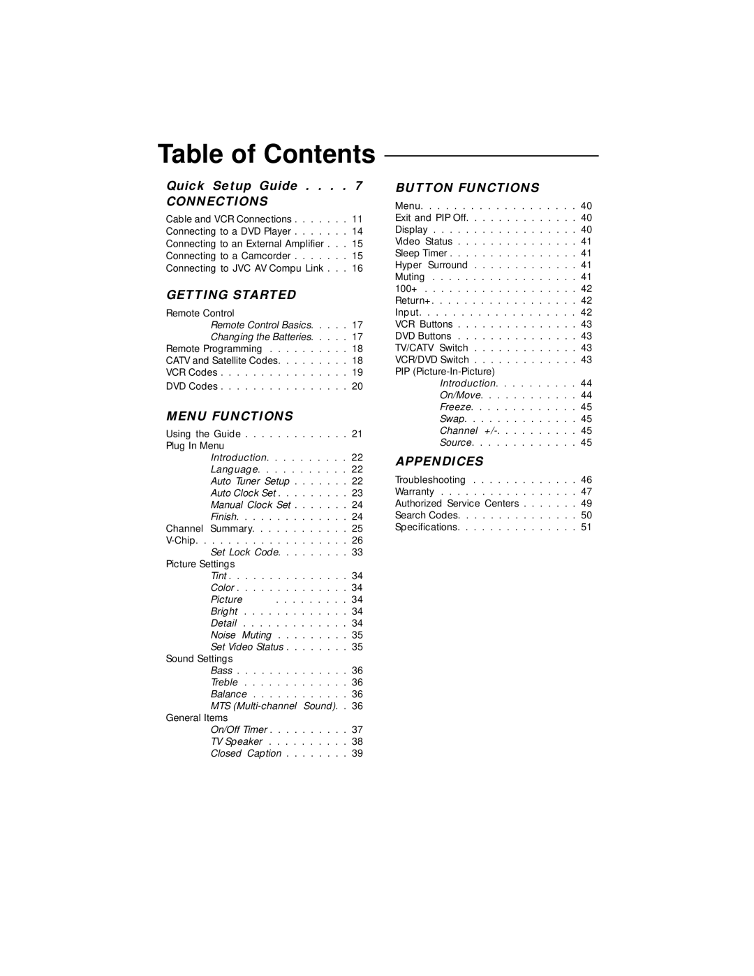 JVC AV-32260, AV-27260, AV-36230, AV-32230 manual Table of Contents 