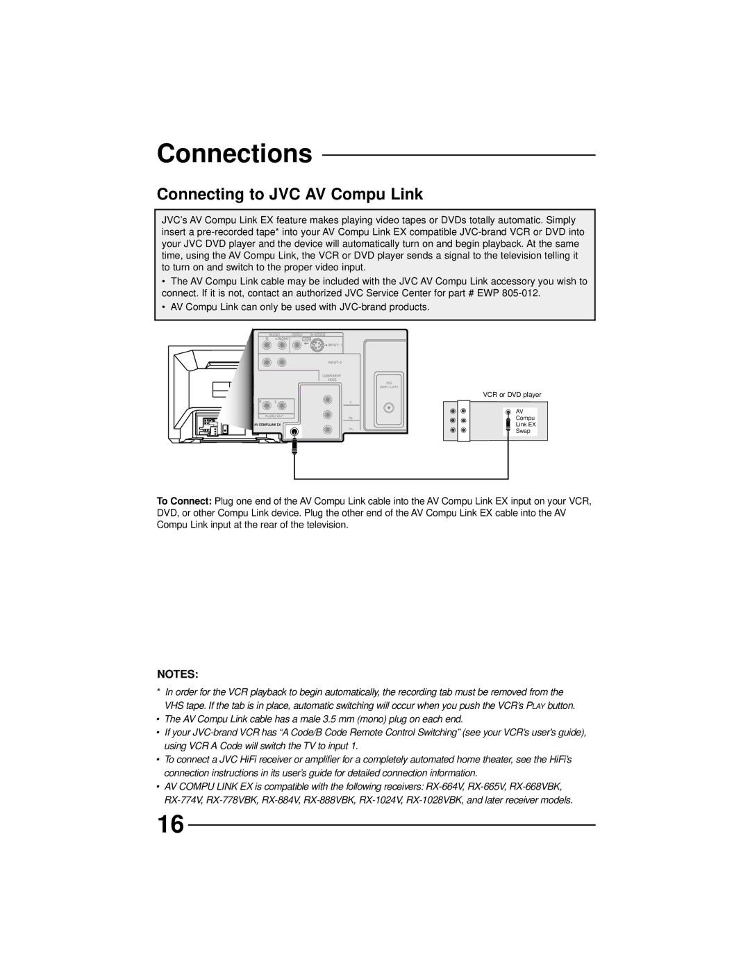 JVC AV-27260, AV-36230, AV-32260 Connecting to JVC AV Compu Link, AV Compu Link can only be used with JVC-brand products 