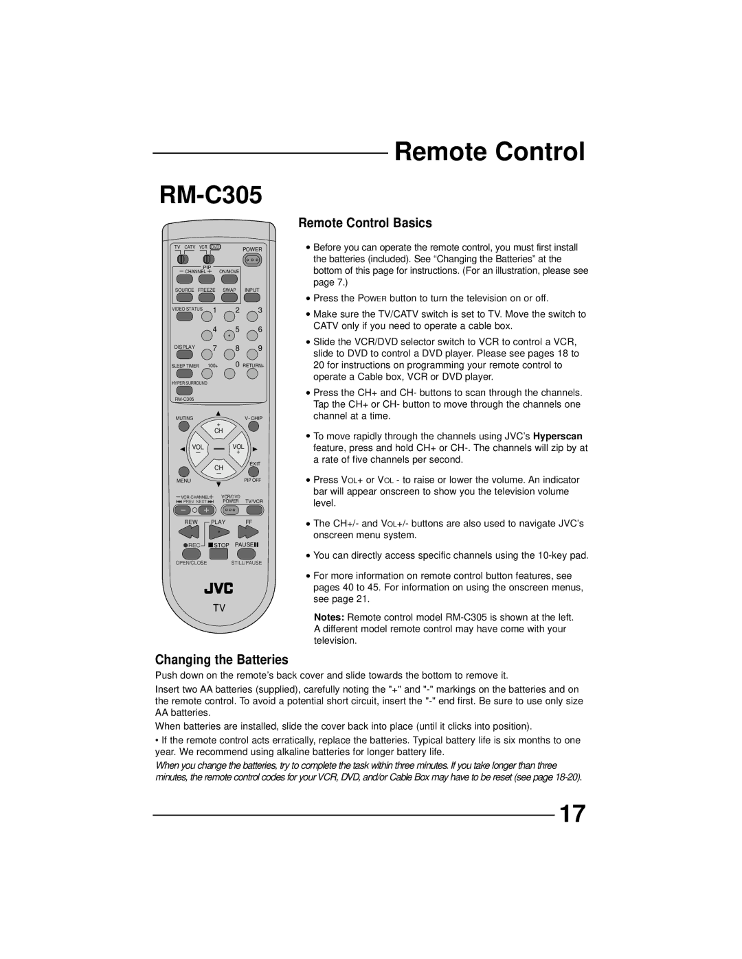 JVC AV-36230 manual Remote Control, Catv only if you need to operate a cable box, Operate a Cable box, VCR or DVD player 