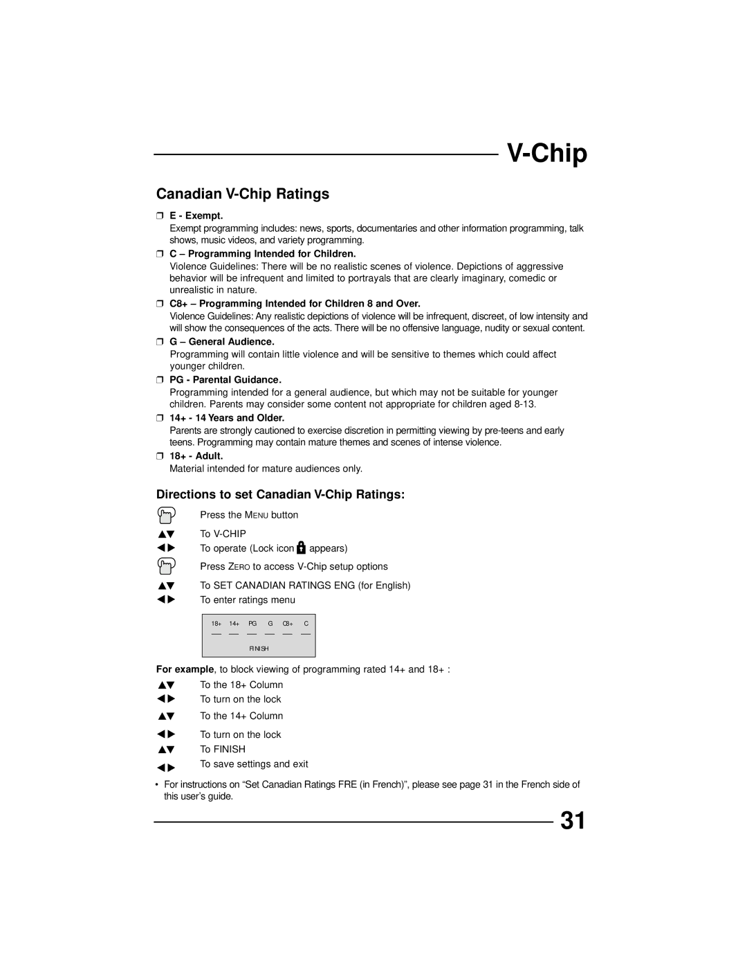 JVC AV-32230 Canadian V-Chip Ratings, Material intended for mature audiences only, ❷ To the 14+ Column, ❷ To Finish 