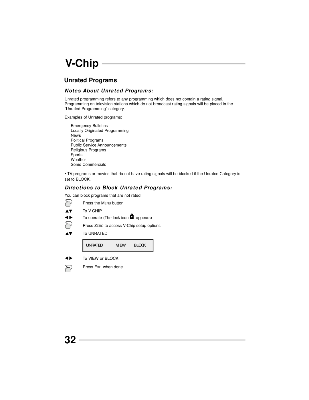 JVC AV-27260, AV-36230, AV-32260, AV-32230 manual Unrated Programs, View, Button To V-CHIP, Press E XIT When done 