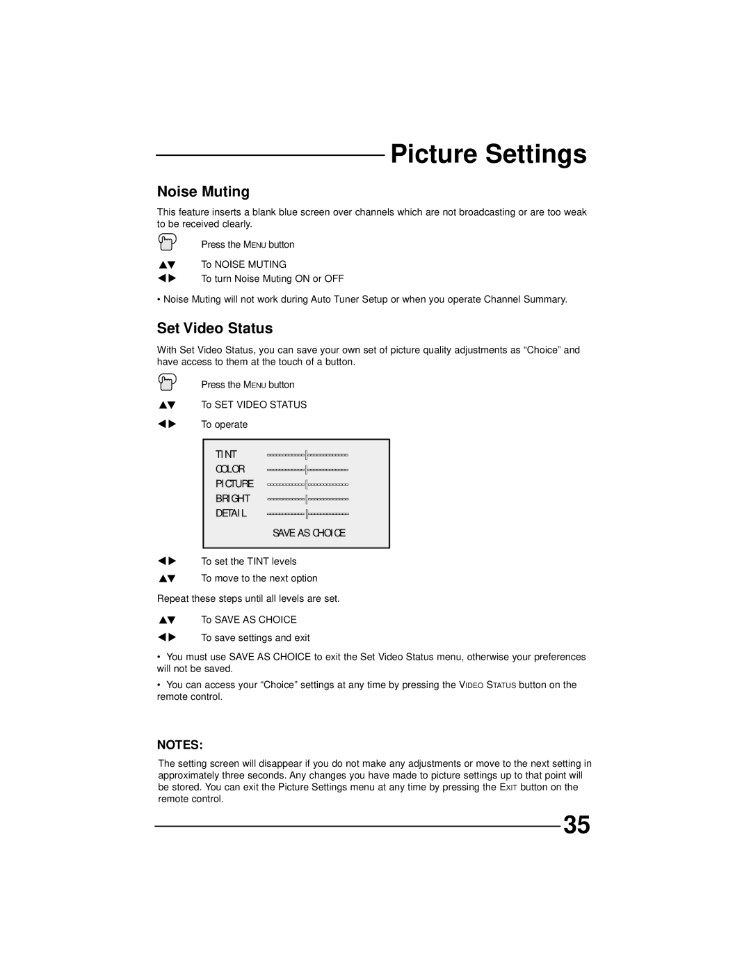 JVC AV-32230 Noise Muting, Set Video Status, Tint Color, Bright Detail Save AS Choice, ❷ To SET Video Status ❿ To operate 