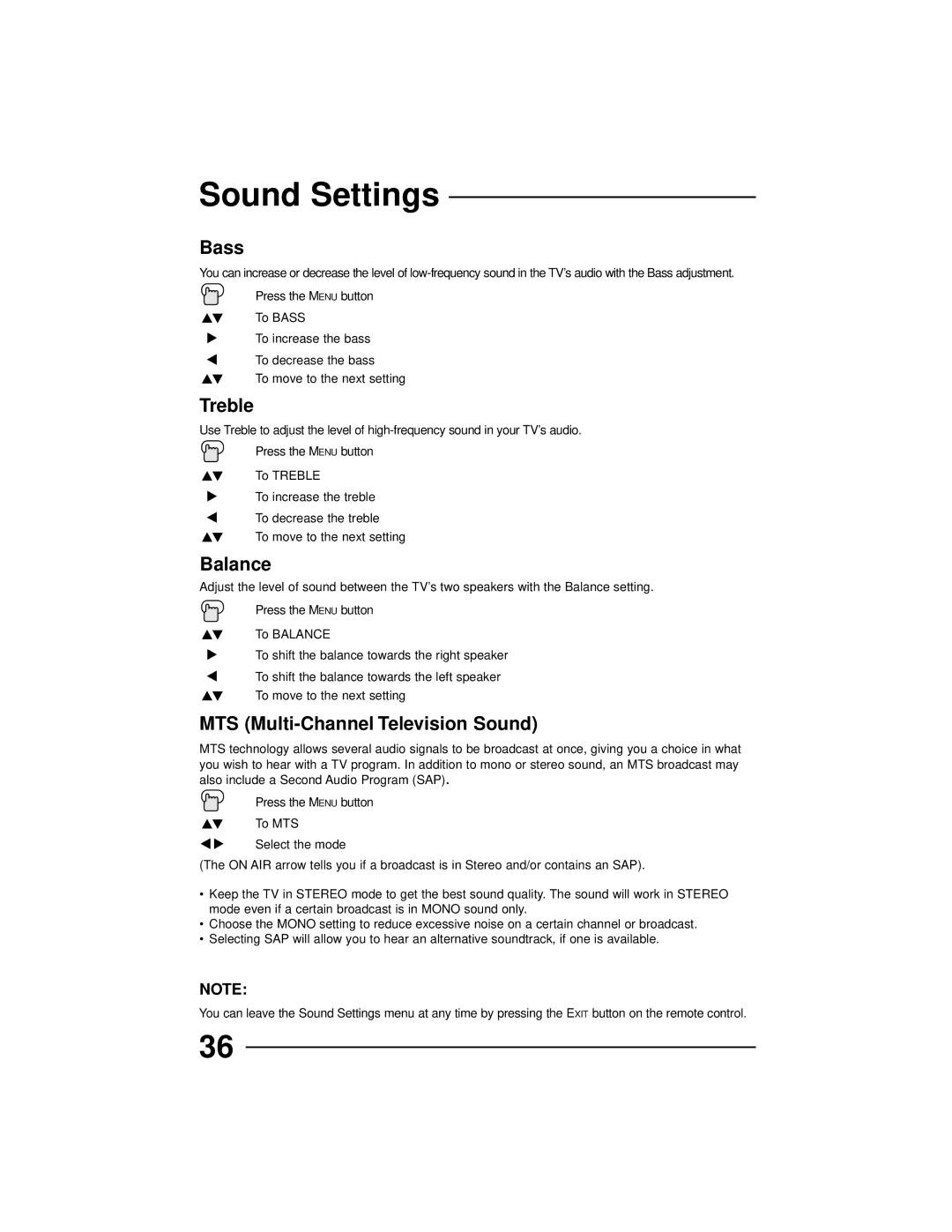 JVC AV-27260, AV-36230, AV-32260, AV-32230 manual Sound Settings, Bass, Treble, Balance, MTS Multi-Channel Television Sound 