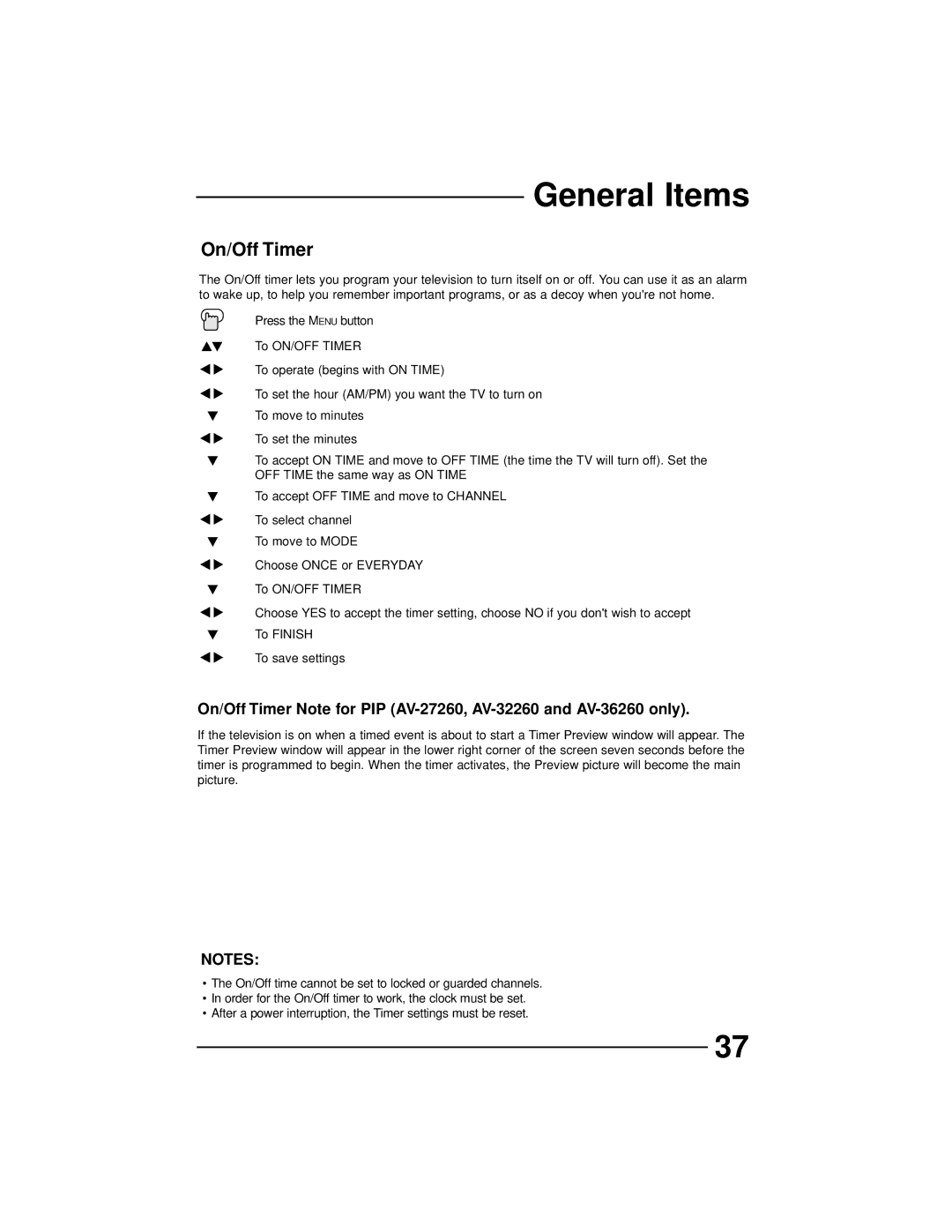 JVC AV-36230, AV-27260, AV-32260, AV-32230 manual General Items, On/Off Timer 