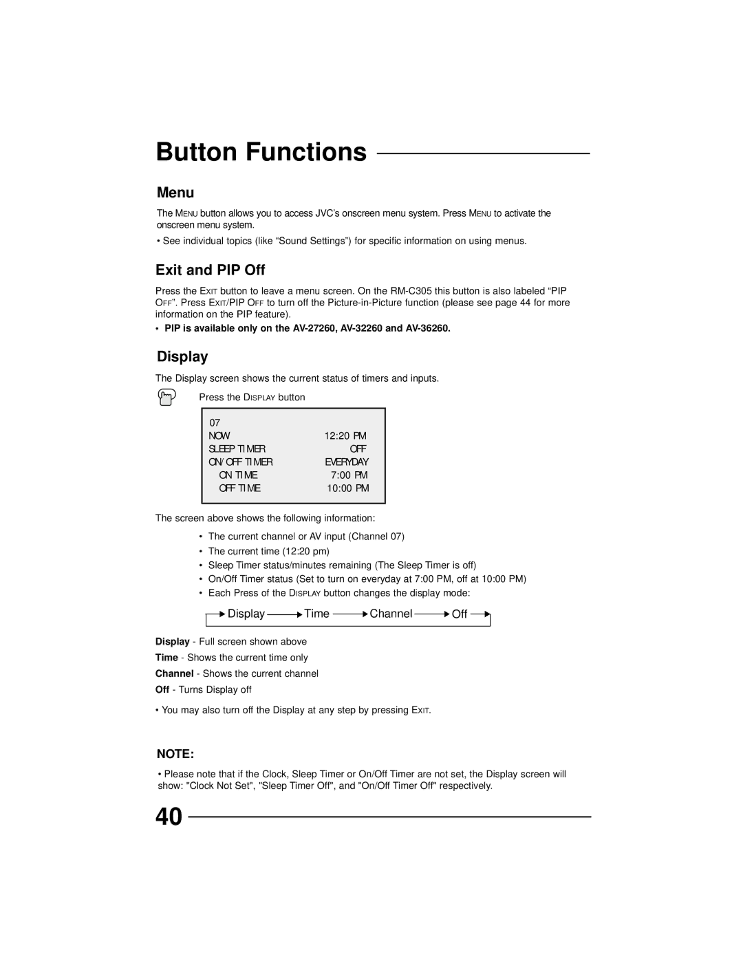 JVC AV-27260, AV-36230, AV-32260, AV-32230 manual Button Functions, Menu, Exit and PIP Off, Display 