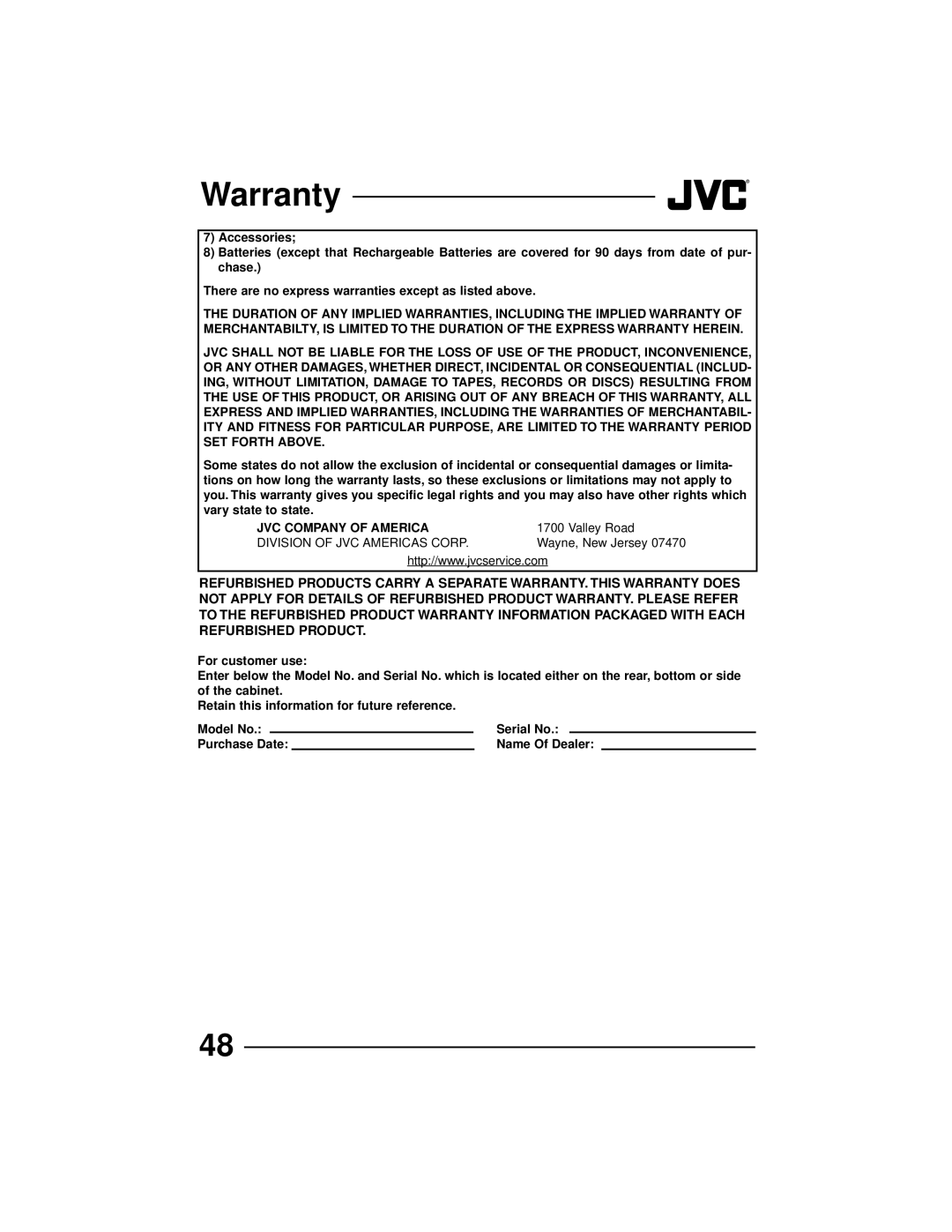 JVC AV-27260, AV-36230, AV-32260, AV-32230 manual JVC Company of America 