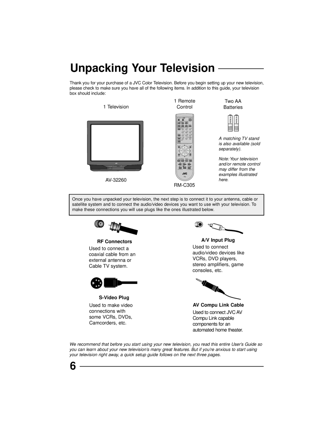 JVC AV-32260, AV-27260, AV-36230, AV-32230 manual Unpacking Your Television 