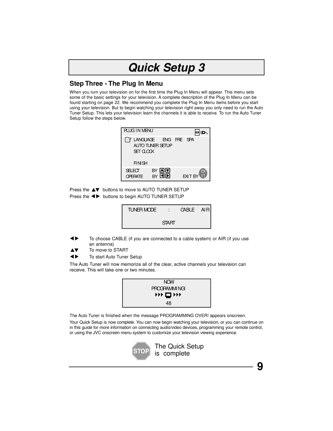 JVC AV-36230 manual Step Three The Plug In Menu, Plug in Menu Language ENG FRE SPA, SET Clock Finish Select Operate Exit by 