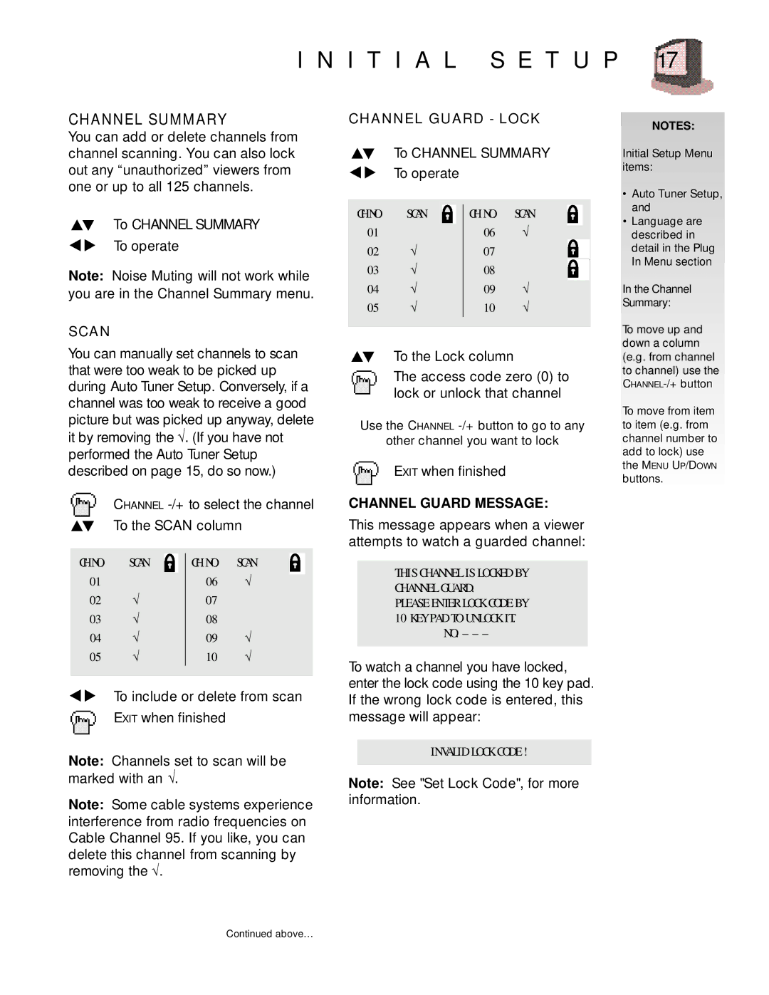 JVC RM-C755, AV-27950 manual I T I a L S E T U P, Channel Summary, Channel Guard Message 