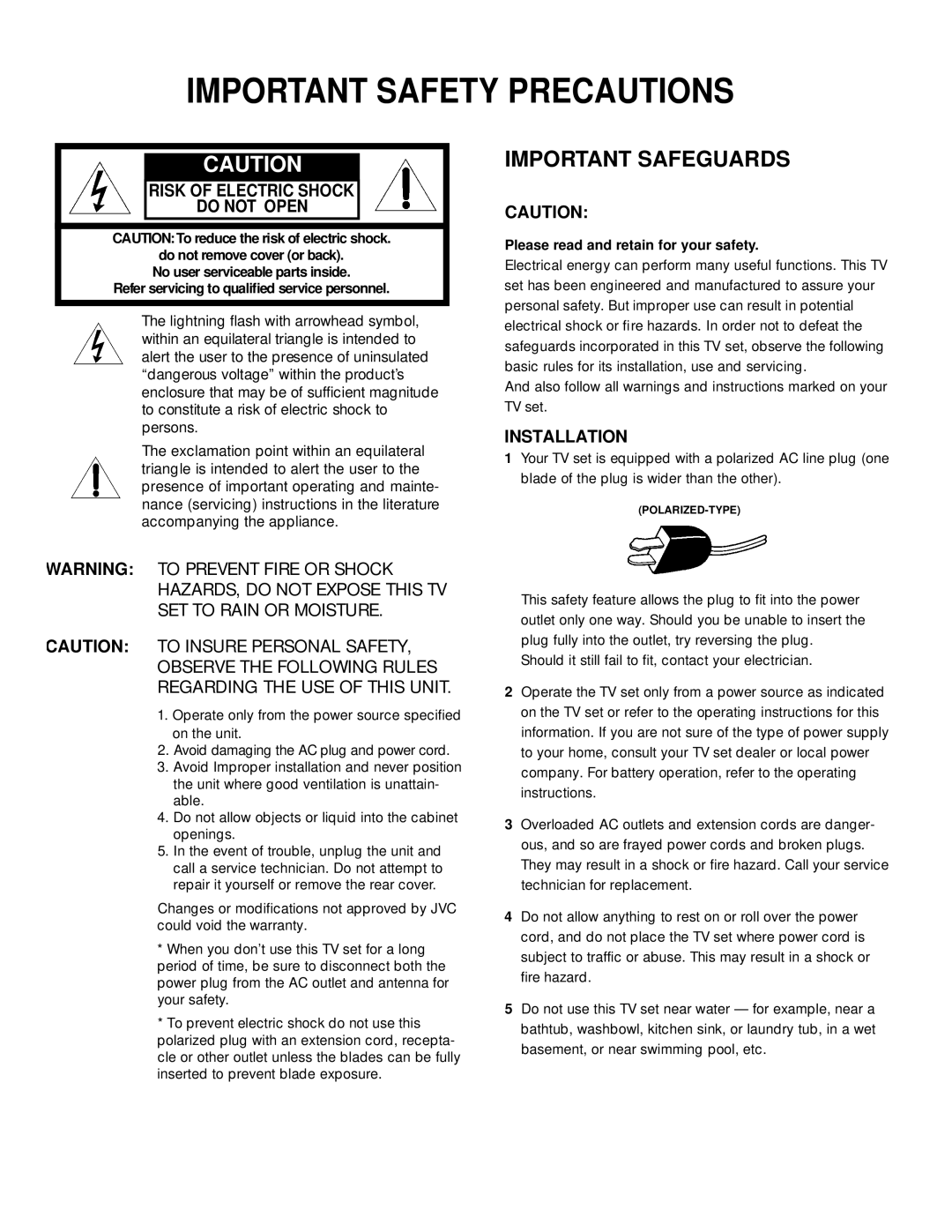 JVC AV-27950, RM-C755 manual Risk of Electric Shock Do not Open, Installation 