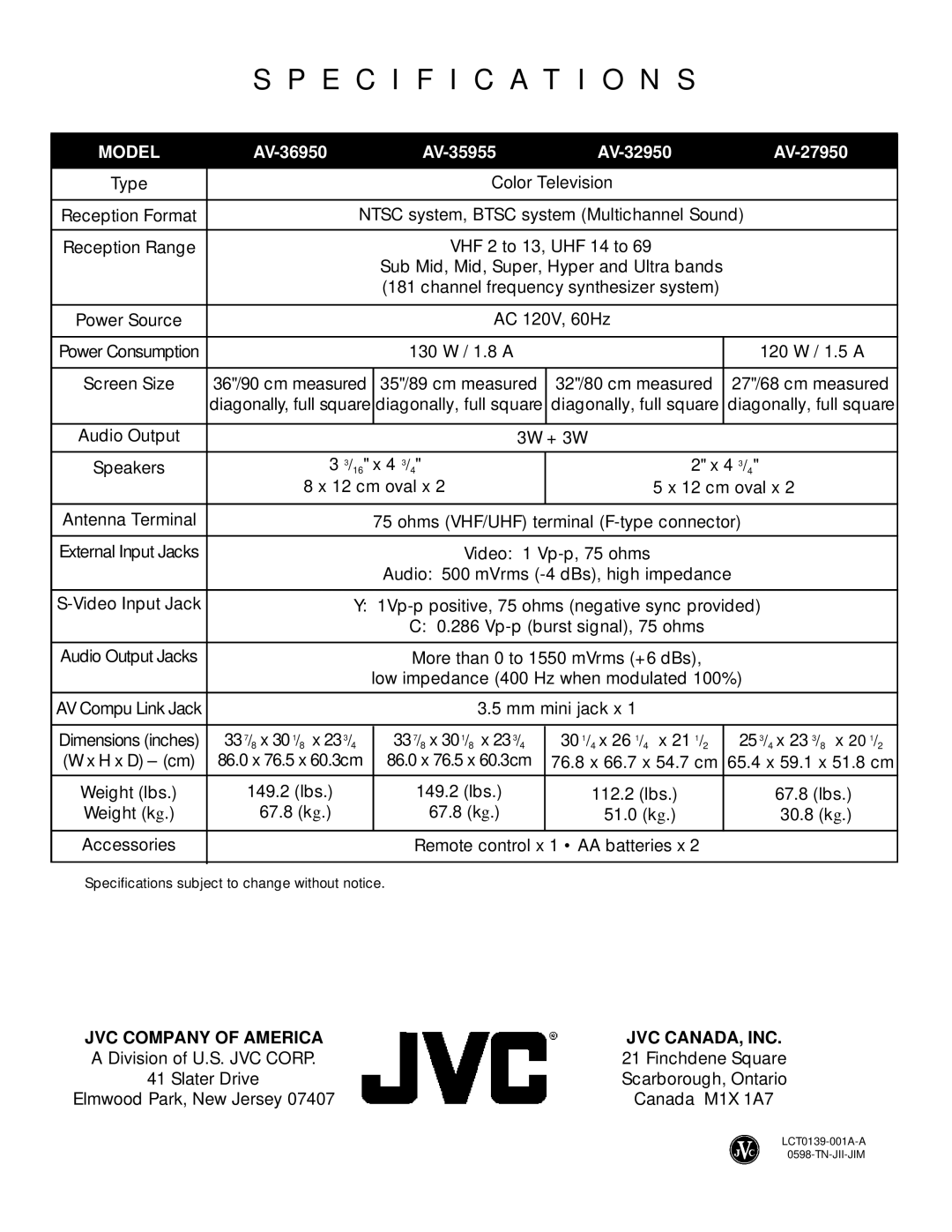 JVC AV-27950, RM-C755 manual Specification S, JVC Company of America JVC CANADA, INC 