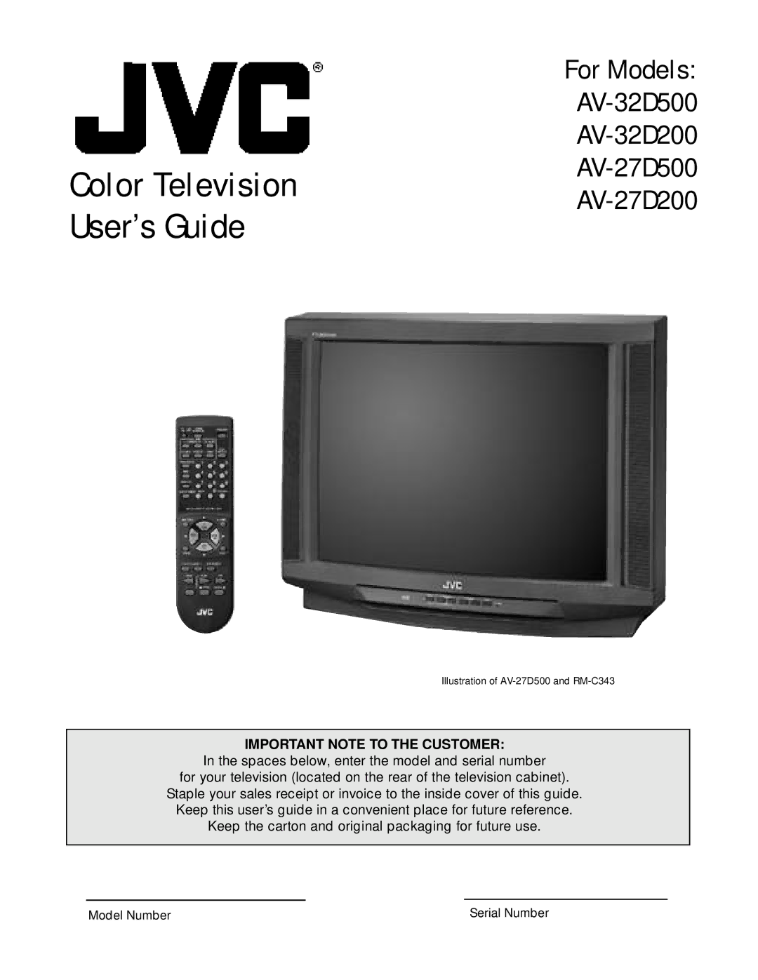 JVC AV 27D200 manual Color Television User’s Guide, Important Note to the Customer 