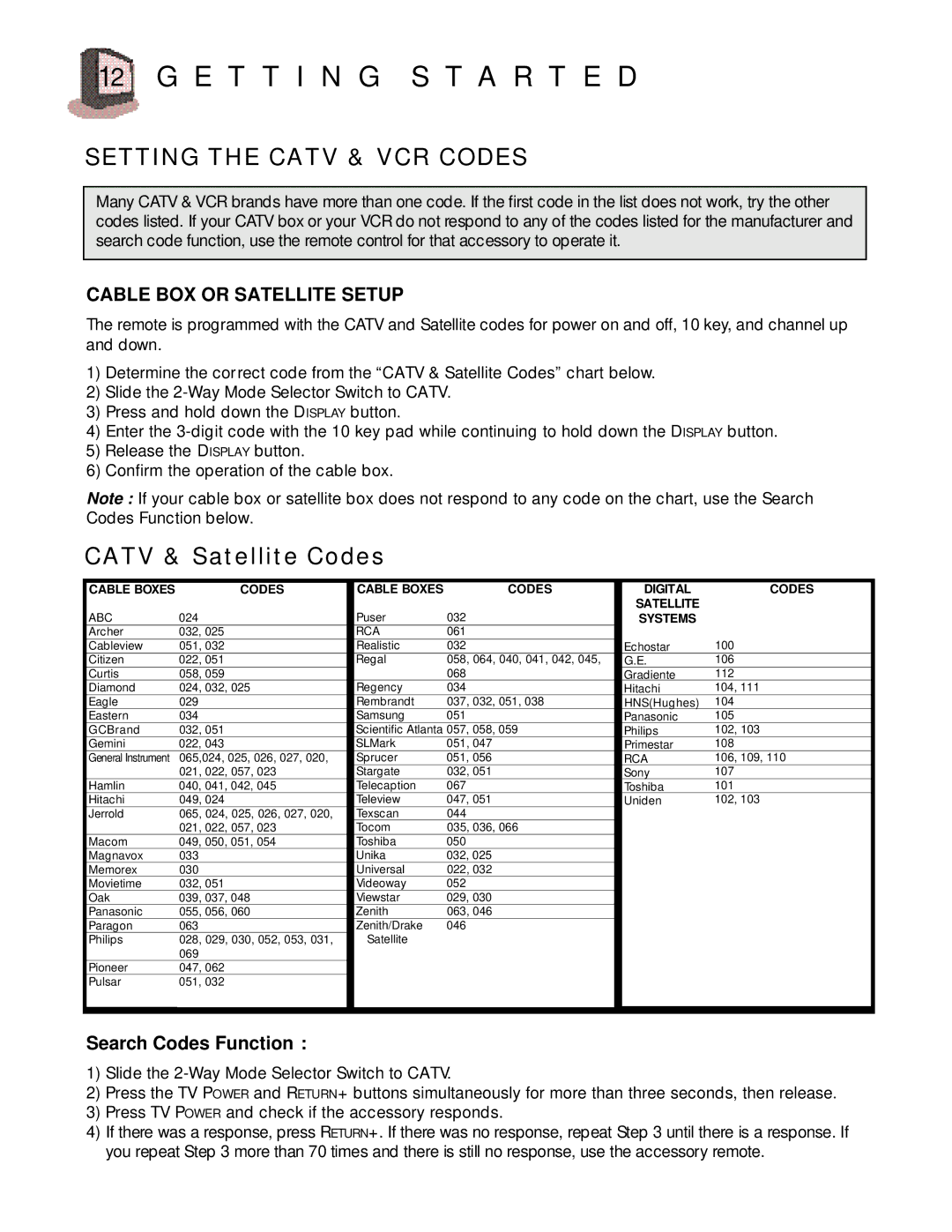 JVC AV 27D200 manual Setting the Catv & VCR Codes, Cable BOX or Satellite Setup 