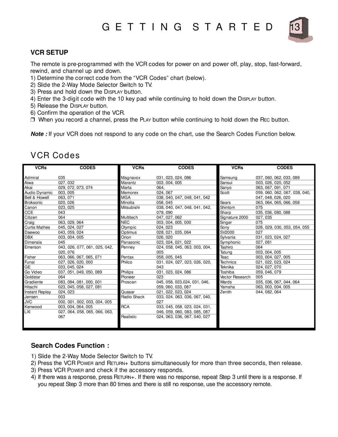 JVC AV 27D200 manual VCR Codes 