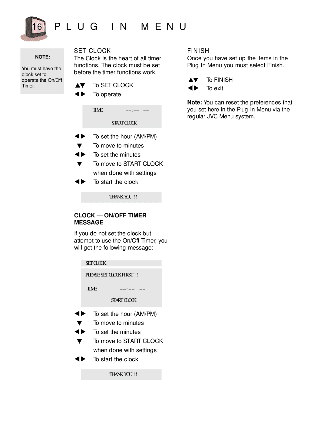 JVC AV 27D200 manual L U G I N M E N U, SET Clock, Finish, Clock ON/OFF Timer Message 