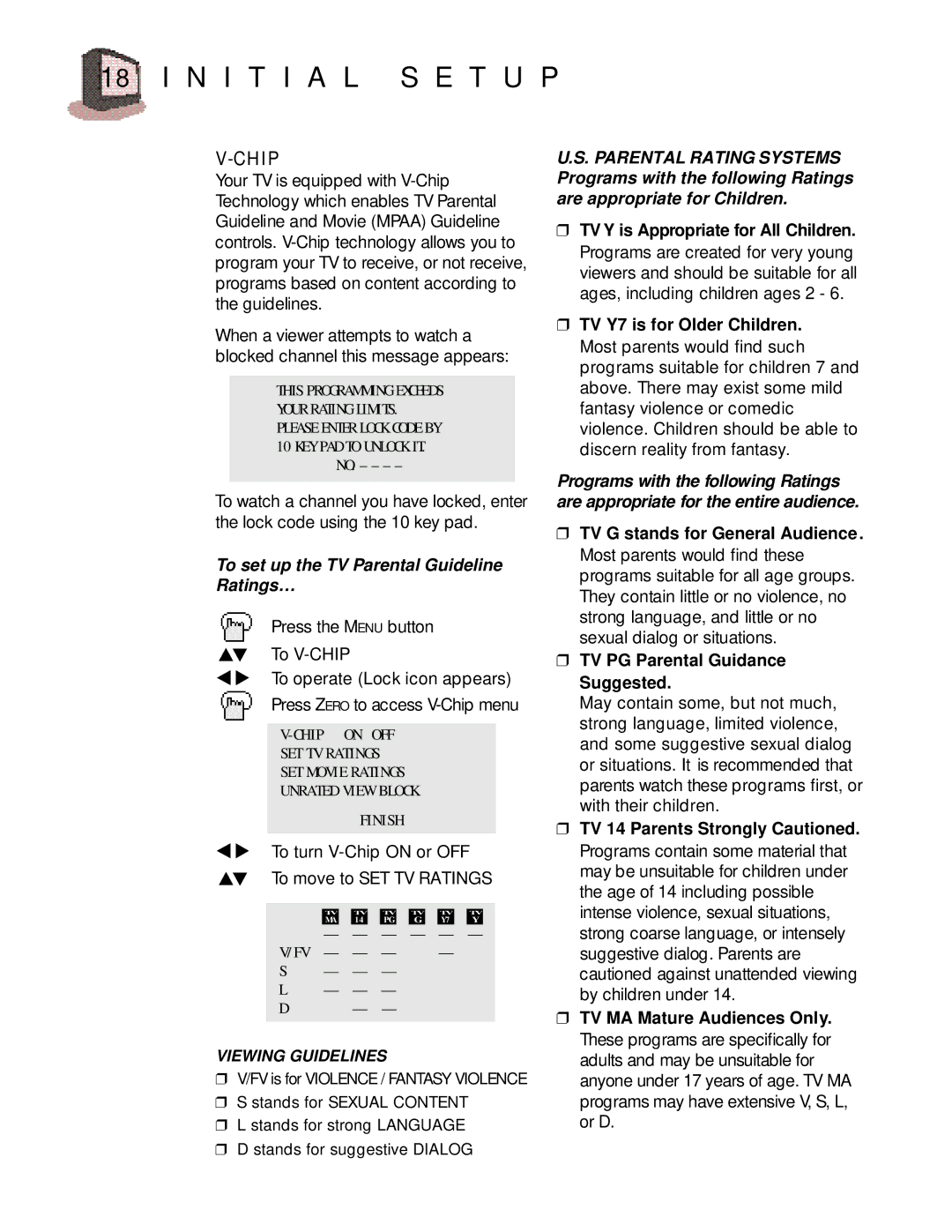 JVC AV 27D200 manual N I T I a L S E T U P, Chip, TV PG Parental Guidance Suggested 